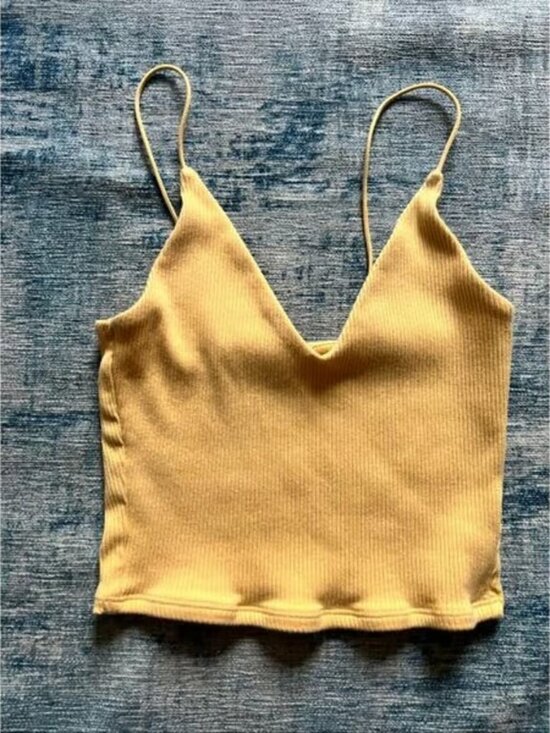 Garage Tops - Garage Goldenrod Yellow V Neck Ribbed Knit Crop Top XS